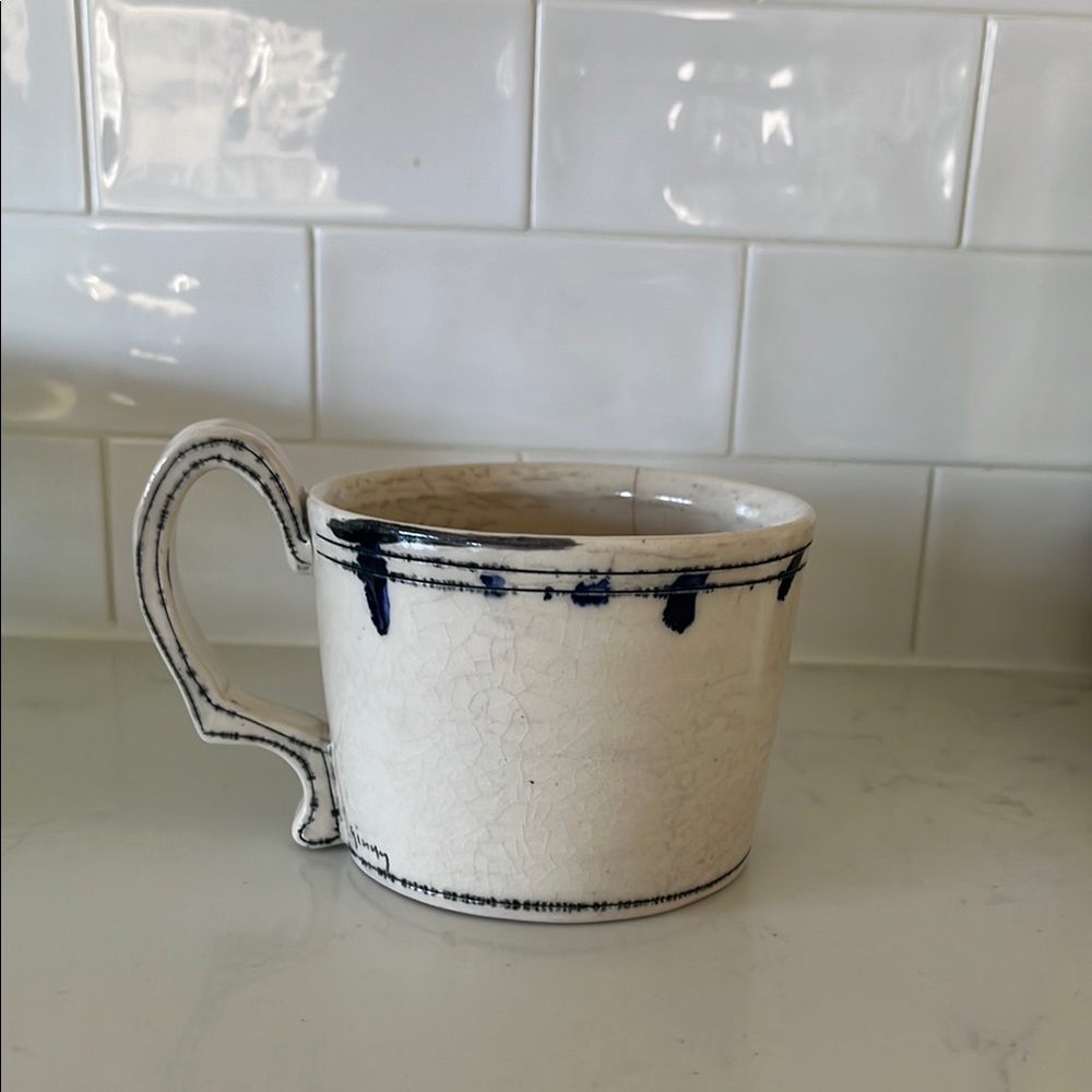 Ginny Sims White and Blue Ceramic Mug